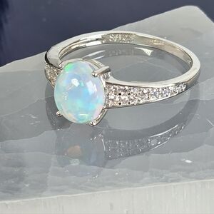 925 Sterling Silver Ring Sz 9 with Natural White Opal 7x9mm & CZ